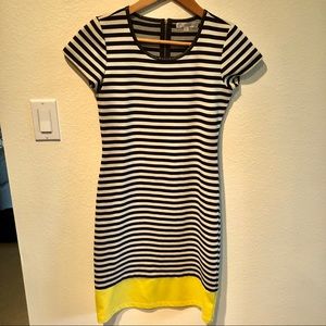 Black & White Stripped Dress w/Yellow Hem Band
